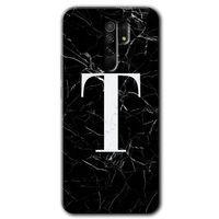 MRCİLETİSİM Xiaomi Redmi 9 Kılıf HD Desen Baskılı Arka Kapak+Temperli Cam - Siyah Mermer Desenli T Harfi