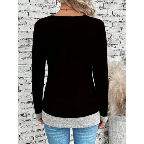 Kadın Uzun Kollu Yuvarlak Yaka Blok Renkli Yandan Düğmeli Viskon Bluz