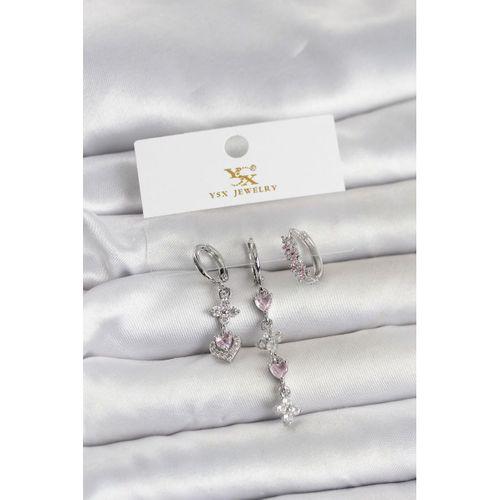 Pirinç Gümüş Renk Pembe Zirkon Taşlı 3'lü Kadın Küpe