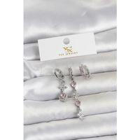 Pirinç Gümüş Renk Pembe Zirkon Taşlı 3'lü Kadın Küpe