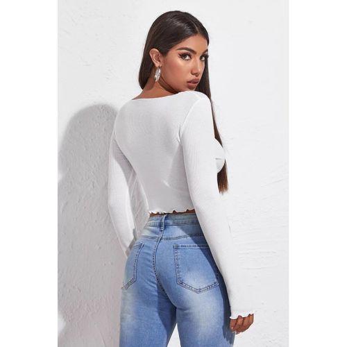 Kadın Beyaz Uzun Kollu Büzdürme Bağcık Detaylı Crop Top Bluz