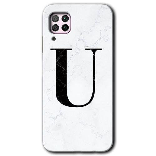 MRCİLETİSİM Huawei P40 Lite Kılıf Baskılı Kapak - Beyaz Mermer Desenli U Harfi + 5D Tam Kaplayan Cam