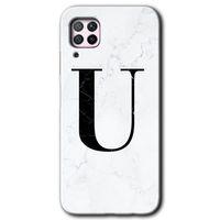 MRCİLETİSİM Huawei P40 Lite Kılıf Baskılı Kapak - Beyaz Mermer Desenli U Harfi + 5D Tam Kaplayan Cam