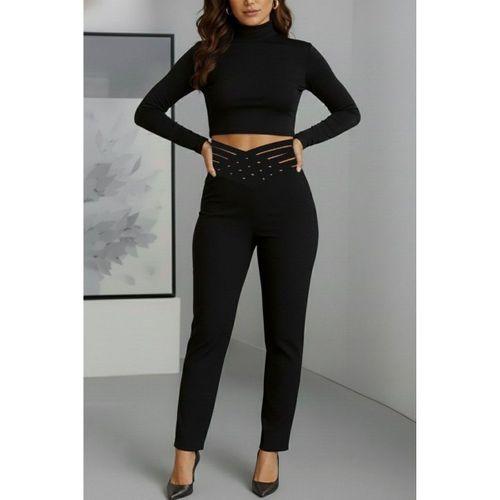 Kadın Yüksek Bel çapraz şerit Detaylı Ithal Krep Pantolon