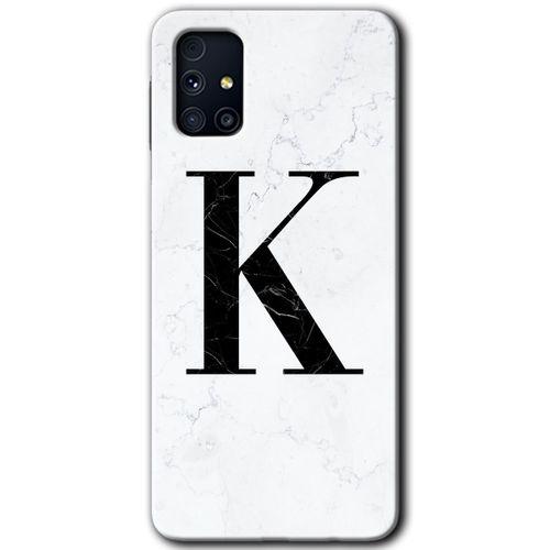 MRCİLETİSİM Samsung Galaxy M31s Kılıf Baskılı Kapak - Beyaz Mermer Desenli K Harfi + 5D Tam Kaplayan Cam