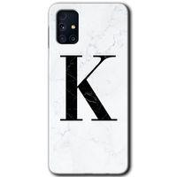 MRCİLETİSİM Samsung Galaxy M31s Kılıf Baskılı Kapak - Beyaz Mermer Desenli K Harfi + 5D Tam Kaplayan Cam