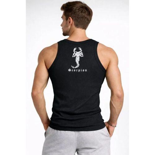 Erkek Fitilli Atlet Sıfır Yaka Slim Fit Arka Baskılı Spor Atlet - Siyah