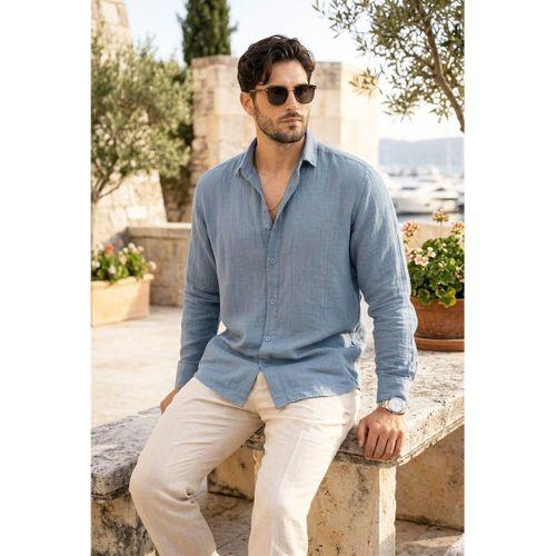 Nefes Alabilir Yarım Oversize Müslin Kumaş Uzun Kol Yakalı Erkek Gömlek - Soğuk Mavi
