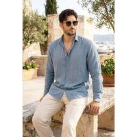 Nefes Alabilir Yarım Oversize Müslin Kumaş Uzun Kol Yakalı Erkek Gömlek - Soğuk Mavi