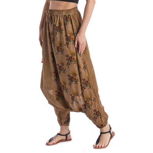 Haki Beli Lastikli Otantik Yazlık Kadın Püsküllü Poplin Şalvar
