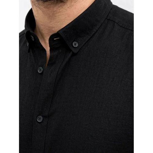 Erkek KETEN Kumaş Oversize Uzun Kollu Rahat Kalıp Gömlek - Siyah
