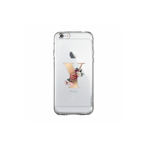 iPhone 6 / 6s Şeffaf Kılıf Gold Renkli Çiçekli Y Harfli Desenli