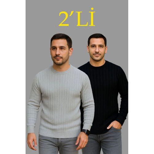 Erkek Fitilli Triko Kazak 2’li Set – Siyah - Gri, Kalın Dokuma Pamuklu Regular Fit Bisiklet Yaka Uzun Kollu Rahat Kışlık Kazak Kombini