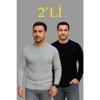 Erkek Fitilli Triko Kazak 2’li Set – Siyah - Gri, Kalın Dokuma Pamuklu Regular Fit Bisiklet Yaka Uzun Kollu Rahat Kışlık Kazak Kombini