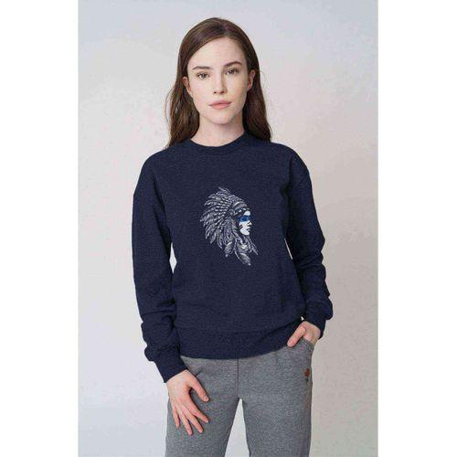 Kızılderili Kız Mavi Şeritli Baskılı Indigo Mavi Kadın Sweatshirt