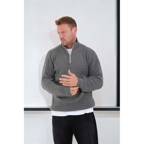 Oversize Selanik Örgü Yarım Fermuar Erkek Triko Kazak - Füme