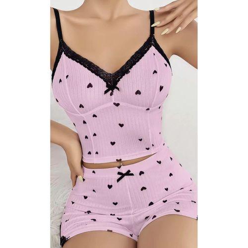 Kadın Pembe Kalp Desenli Askılı Şortlu Pijama Takım 6647