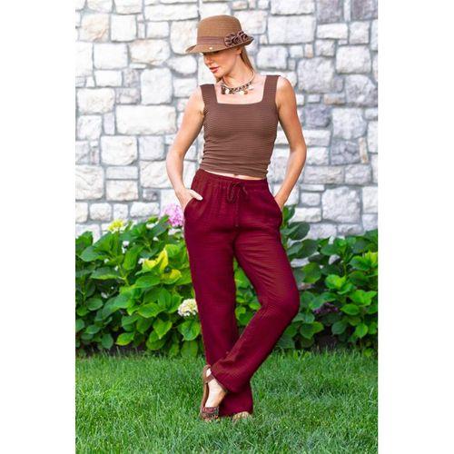Beli Lastikli Multi Çift Cepli Müslin Kadın/Erkek Unisex Yazlık Pantolon Bordo Brd