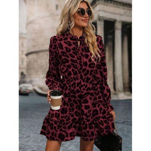 Kadın Uzun Kollu Yakadan Bağcıklı Modal Leopar Desenli Mini Elbise