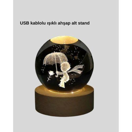 Masif Ahşap Standlı 3d Küçük Prens Kristal Top Usb Gece Lambası Sıcak Işık
