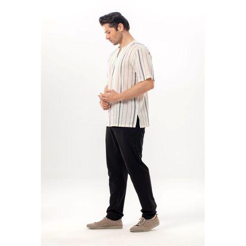 Kısa Kol Şile Bezi Bisiklet Yaka Erkek Yazlık Tshirt Ekru Gri Çizgili 3028