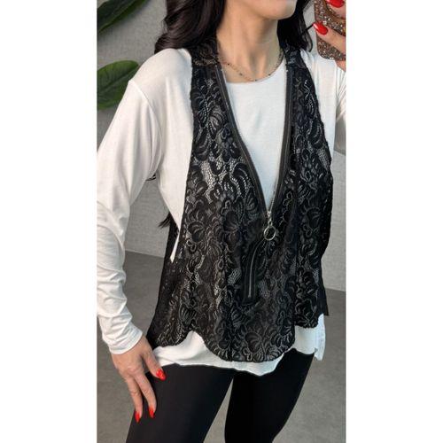 Kadın Uzun Kollu Asimetrik Kesim Bluz Ve Dantel Güpür Transparan Detay Fermuarlı Yelek Ikili Takım