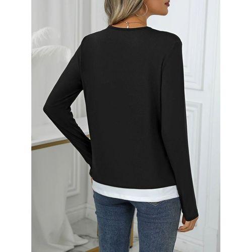 Kadın Uzun Kollu V Yakalı çift Renkli Viskon Iki Iplik Bluz