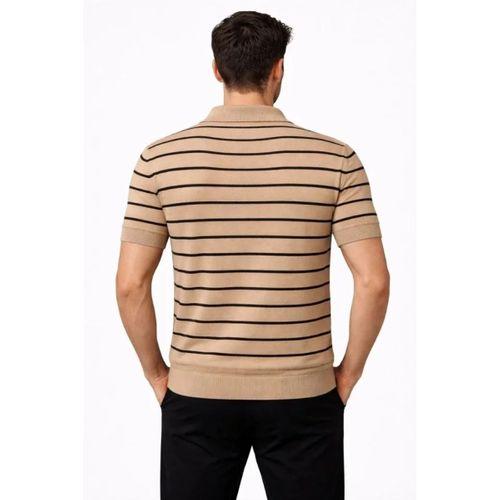 Erkek Triko Polo Yaka Fermuarlı Çizgili Tişört T-Shirt Yazlık Şık - Kahverengi