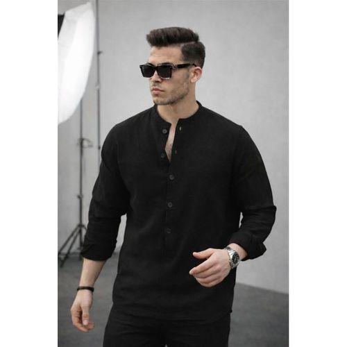 Hafif ve Nefes Alabilir Erkek Müslin Yarım Pat Hakim Yaka Oversize Gömlek - Siyah