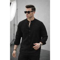 Hafif ve Nefes Alabilir Erkek Müslin Yarım Pat Hakim Yaka Oversize Gömlek - Siyah