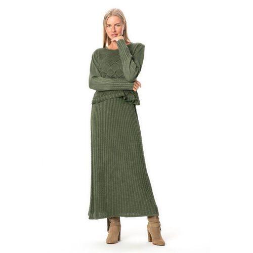 Uzun Kol Ahu Otantik Örgü Desenli Kışlık Uzun Triko Elbise Haki Hk