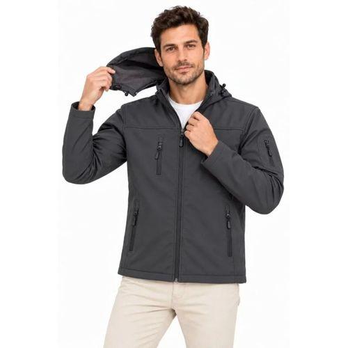 Erkek Su Geçirmez Softshell İçi Polar Astarlı Çıkarılabilir Kapüşonlu 4 Cepli Mont Ceket - Füme
