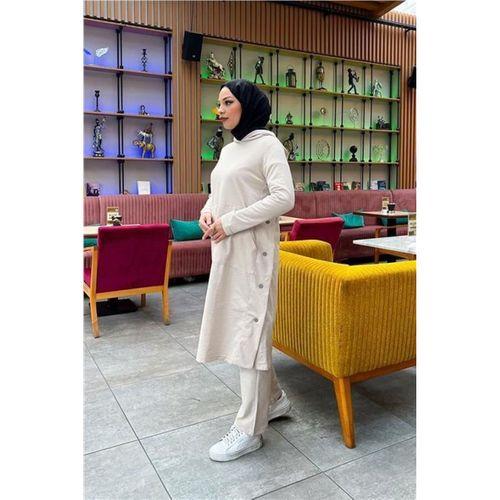 Kapşonlu Yandat Çıtçıtlı Sade Basic Uzun Tunik ve Pantolon İkili Spor Takım - 03071.027 - Ekru