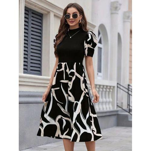 Kadın Kısa Kollu Yarı Balıkçı Yaka üst Viskon Alt Desenli Dokuma Midi Elbise