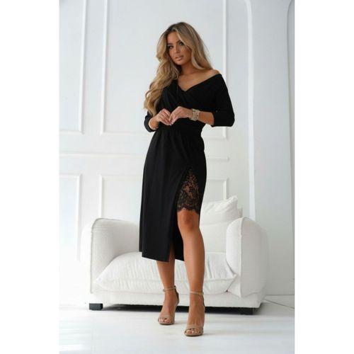 Kadın Uzun Kollu Kruvaze Yakalı Yandan Dantelli Midi Ithal Krep Elbise