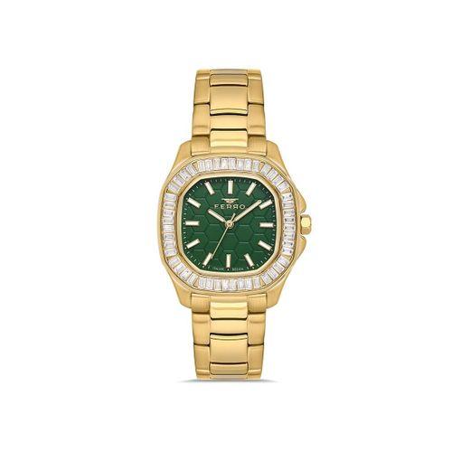 Ferro FL43008A-B6 Quartz Çelik Altın Rengi Yeşil Kadran 31 mm Kadın Kol Saati