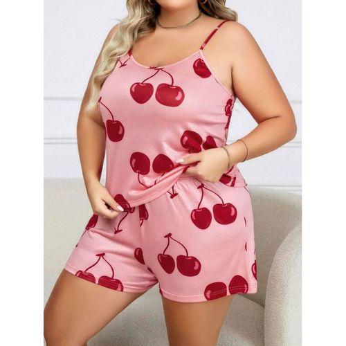 Büyük Beden Pembe Kiraz Desen İnce Askılı Pamuklu Şortlu Pijama Takımı