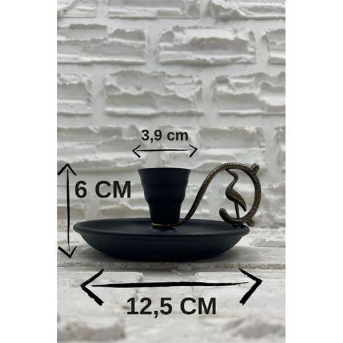 Metal Nostalji Mumluk & El Şamdanı Kendinden Iğneli Mum Hediyeli Mat Siyah Antik Kulp Turna2623-4
