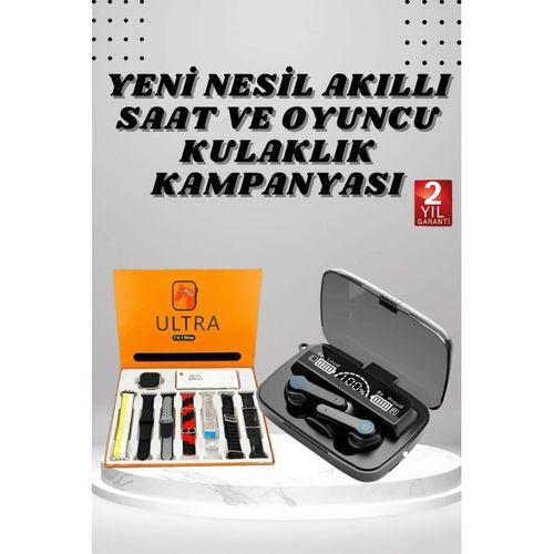Dijital Göstergeli Powerbank Kulaklık Ve 7 Kordonlu Yeni Nesil Akıllı Saat Amoled Ekran