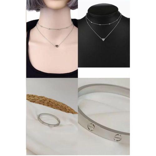 2'Lİ Set - Gümüş Renk Top Zincir Kalp Kolye, Kartier Alaşım Bileklik Gümüş Renk SNJ-SET1008