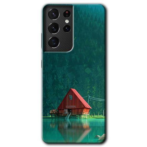 MRCİLETİSİM Samsung Galaxy S21 Ultra Kılıf HD Desen Baskılı Arka Kapak + Temperli Cam - House In Woods