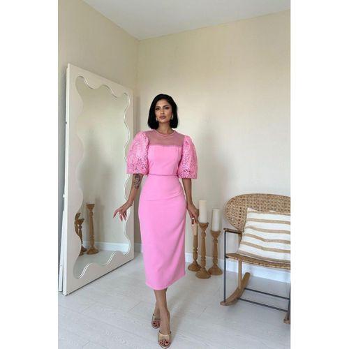 Pembe İncili Tül Detay Elbise
