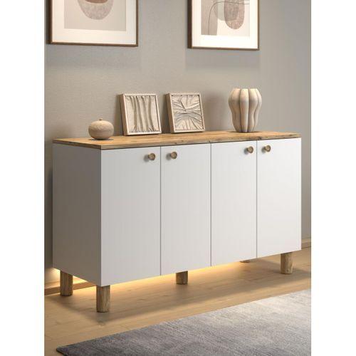 Nora Bohem Ledli Kahve Köşesi Dolabı Konsol Çok Amaçlı Dolap Mutfak Dolabı 120 Cm 4 Kapaklı  Atlantik Çam / Beyaz