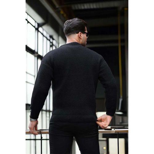Oversize Selanik Örgülü Bisiklet Yaka Erkek Triko Kazak - Siyah