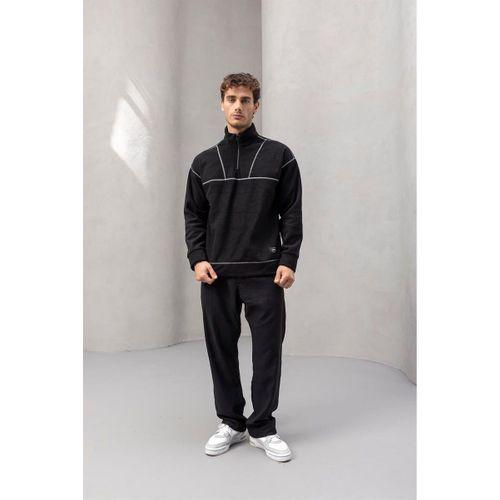 Crowe Şerit Detaylı Yarım Fermuar Polar Sweatshirt Siyah - Bezayağı Kumaş Pantolon Siyah