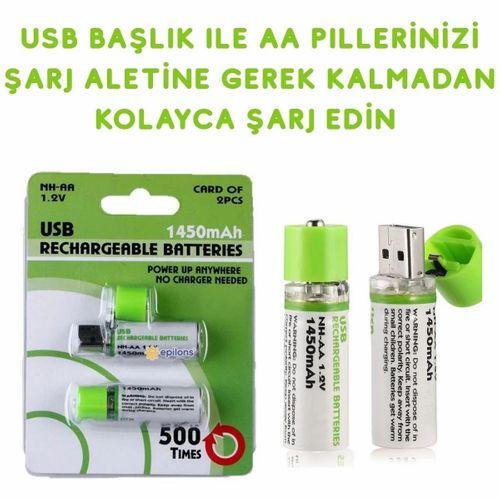 Usb Şarjlı 1450mah Aa 1.2v Lityum Kalem Pil 2’li Set Dönüşümlü Batarya