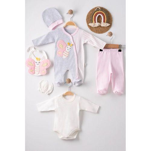 Kelebek Nakışlı Tulumlu % 100 Pamuk Kız Bebek 5'li Set