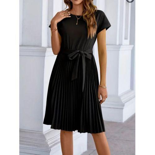 Lucky Life Kadın Kısa Kollu Eteği Pileli Beli Bağcıklı Midi Krep Elbise