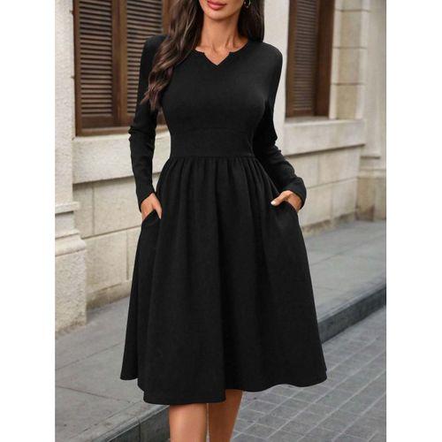 Kadın Uzun Kollu V Yakalı Cepli Midi Ithal Krep Elbise