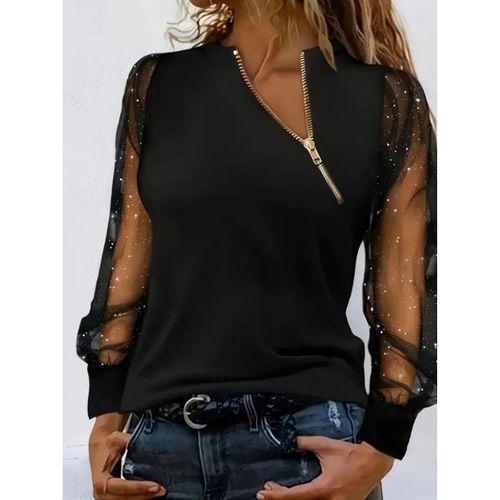 Kadın Uzun Kollu Asimetrik Fermuar Detaylı Viskon Iki Iplik Bluz